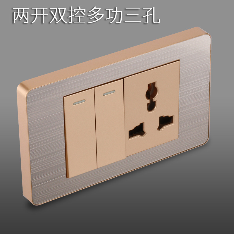 Panel de enchufe de metal estándar estadounidense de acero inoxidable dibujado oro tres agujeros Taiwan conmutador USB suministro directo de fabricantes de enchufes