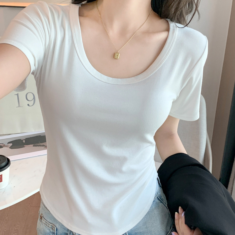 H227 ホワイト半袖 Tシャツレディース春夏新作薄手インナー U ネックボトムシャツアウターライブショートトップ|undefined