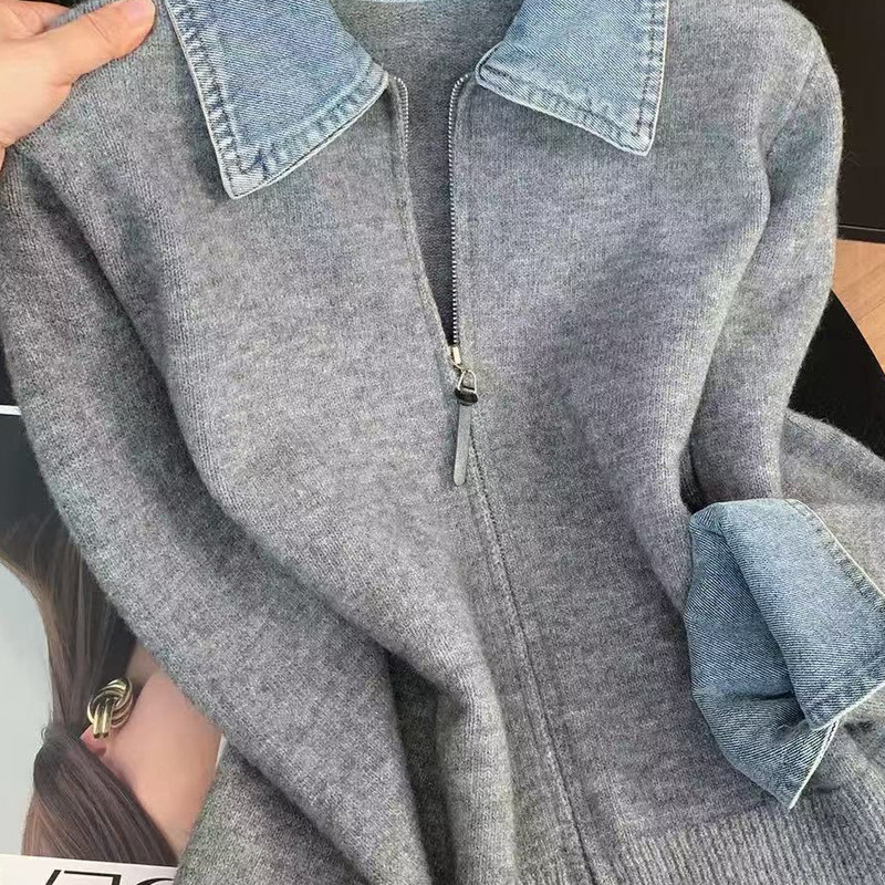 European and American style denim lapel double-zipper fashion sweater for women, autumn and winter new color-blocked loose casual knitted cardigan European and American style denim lapel double-zipper fashion sweater for women, autumn and winter new color-blocked loose casual knitted cardigan