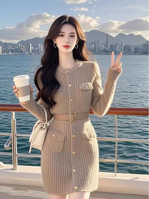 小香风毛衣连衣裙女法式复古圆领金属扣收腰修身打底包臀针织短裙|undefined