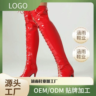 爵士舞高跟鞋漆皮鱼嘴细跟跟前系带长筒靴钢管舞过膝靴表演靴