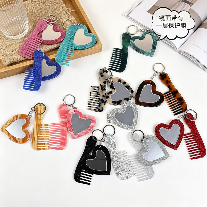 New Acrylic Heart-Shaped Makeup Mirror Comb Keychain Glitter Sequin Bag Charm DIY Accessory Pendant