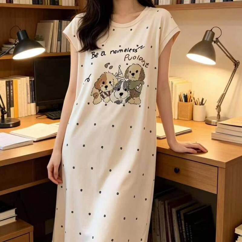 2026 Zomeini Women's Summer Round Neck Pullover Nightgown Cartoon Print Homewear 1462