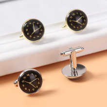 速卖通Amazon圆形镶钻静音时钟袖扣男 时尚法式衬衫袖钉cufflinks