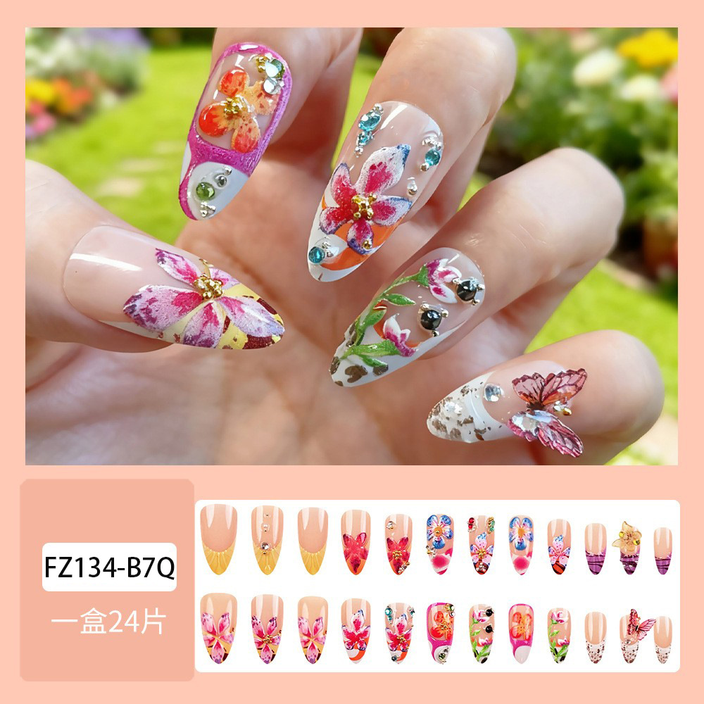 Transfronteriza venta en caliente perforación en relieve manicuras flores mariposa danza desgaste de uñas almendras 24 piezas parches de uñas franceses image 7