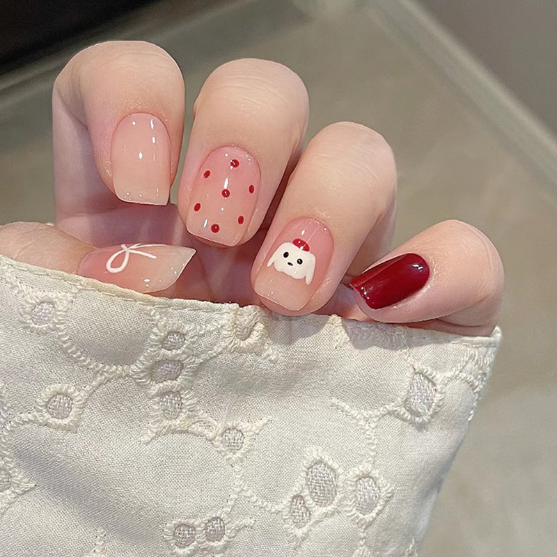 Autumn and Winter Red Polka Dot Hat Puppy Cute Small Fresh Super Nice Short 30 Pieces Wearable Nail Patch Autumn and Winter Red Polka Dot Hat Puppy Cute Small Fresh Super Nice Short 30 Pieces Wearable Nail Patch