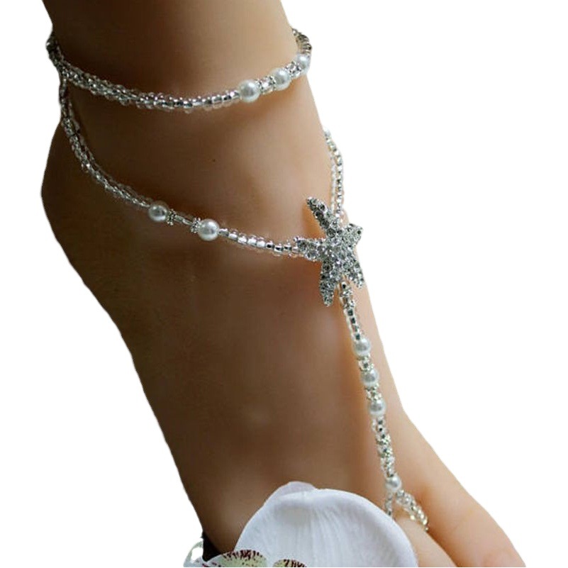 Comercio exterior de doble capa perla rhinestone estrella de mar tobillera playa Boda nupcial pie joyería europea y americana todo partido rhinestone playa