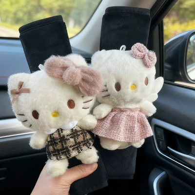 Seat belt shoulder pad, Car Seatbelt Shoulder Pads Are Comfortable - black-plush-shoulder-pads-pink-angel-kitty-plaid-skirt-kitty
