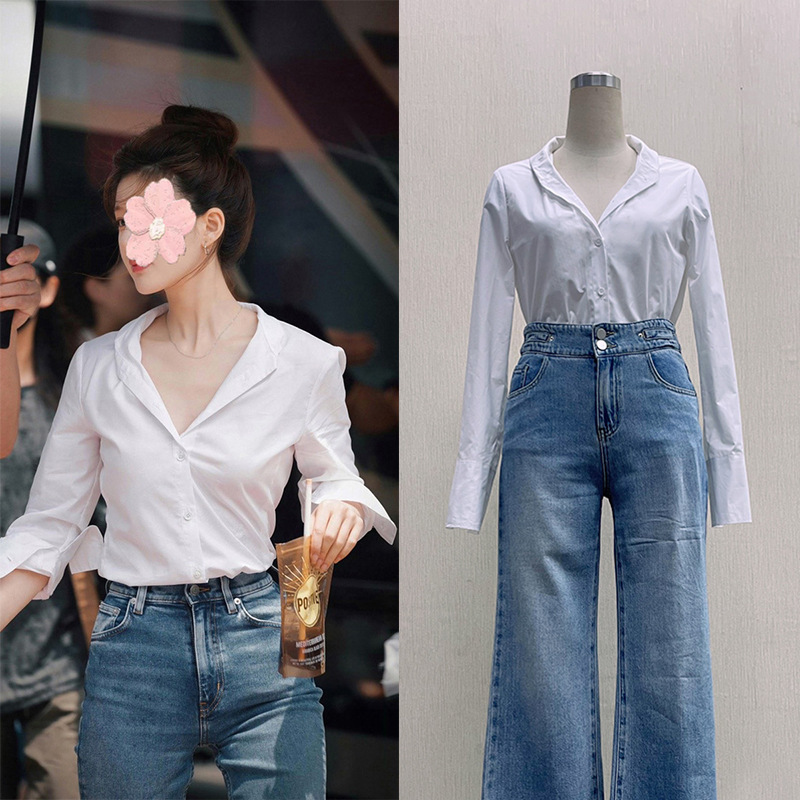 Zhao Lusi and Xu Yan's Same Style White Shirt, White Top for Women, French-Style Shirt with a V-Neck, High-End Feel, Slim Fit and Waist-Cinching