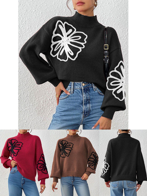 レディース秋冬トップスクロスボーダー欧米服立体リボン刺繍花ハーフタートルネックランタンスリーブプルオーバーセーター|undefined