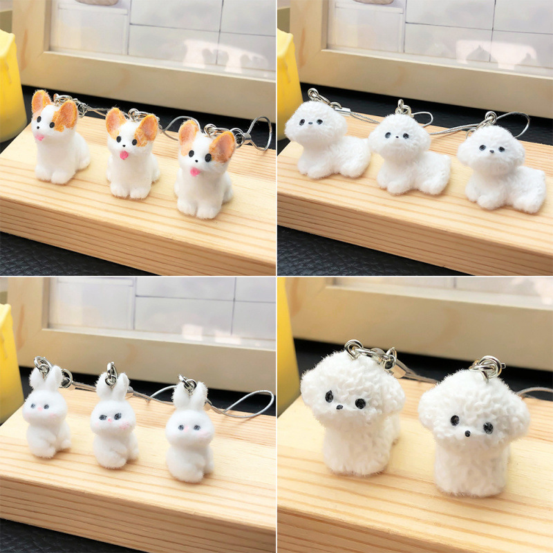 樹脂植毛立体漫画かわいいコーギーテディ子犬ウサギキーホルダー携帯電話ロープジュエリーペンダント|undefined