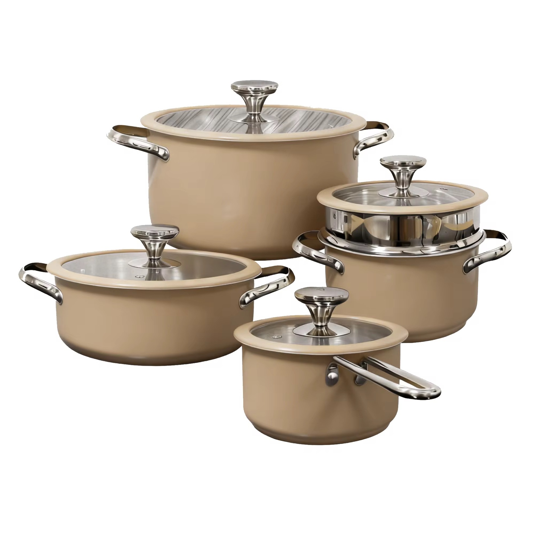 Cross-Border 304 Stainless Steel Pot Set with Double Bottom Milk Pot, Steamer, Hot Pot, Soup Pot, Household Cookware, Silicone Glass Lid