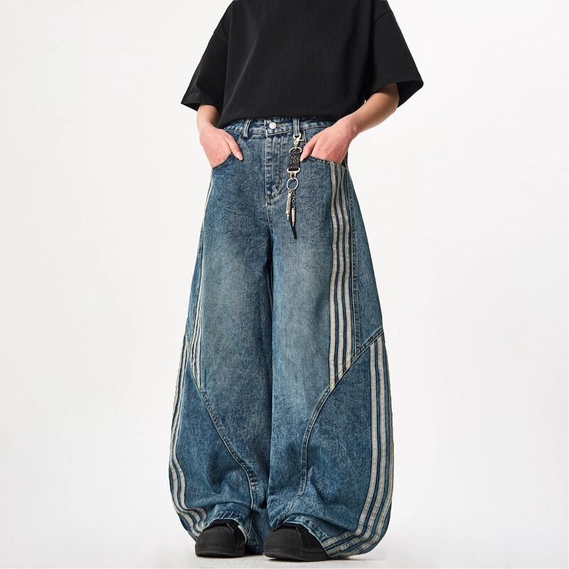 American High Street Striped Design Jeans for Men and Women, Loose Slimming Washed Wide-Leg Pants, Casual Straight Pants
