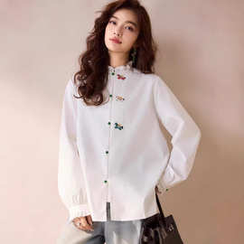 新中式骏马刺绣复古新中式立领盘扣宽松百搭衬衣