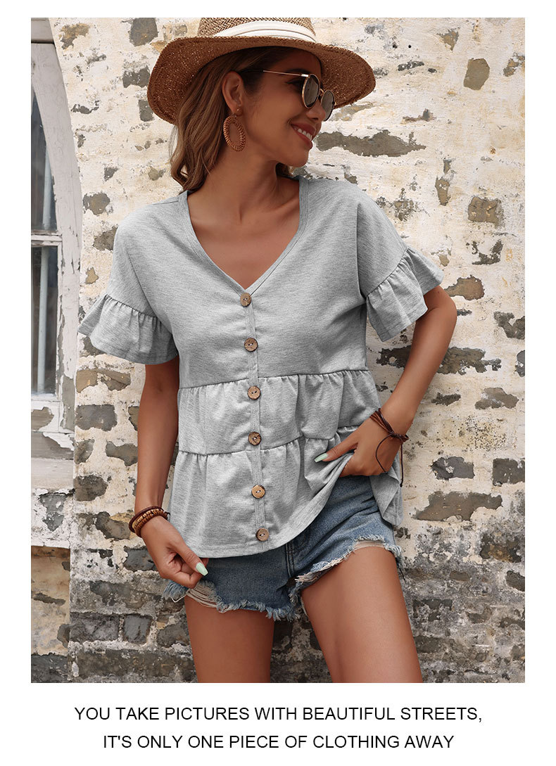 Solid Color Pullover Loose V-neck Ruffled Short-sleeved T-shirt_voghion.com