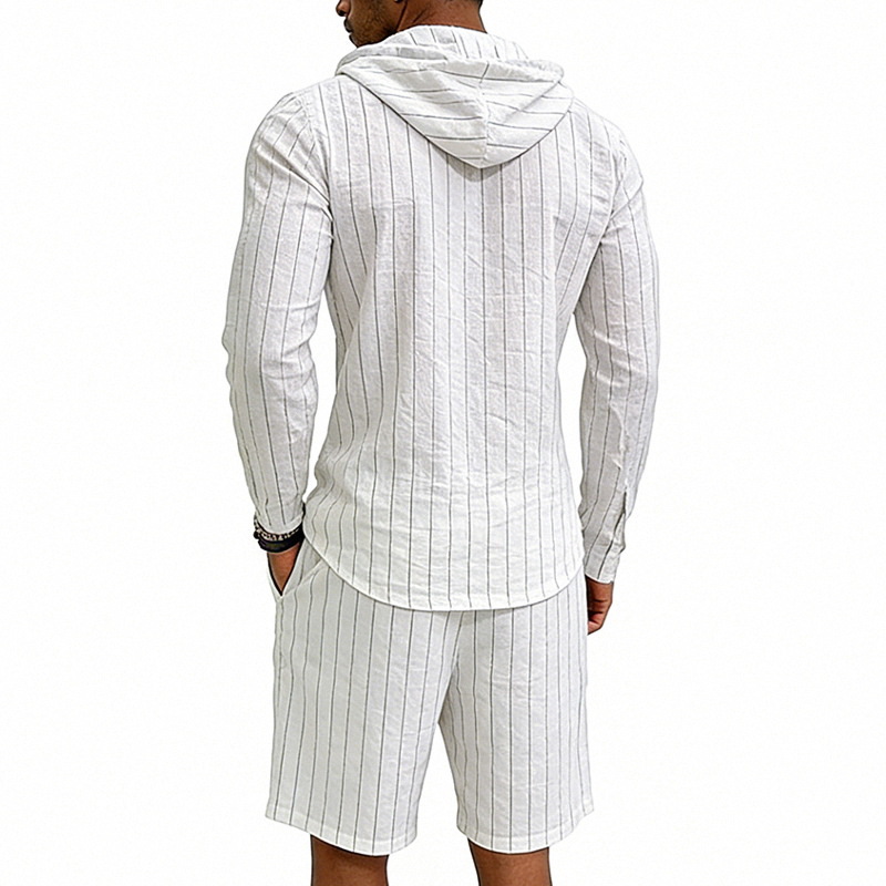 Men's Linen Long Sleeve Hooded Henley Shirt With Shorts Set, Jacquard Vertical Stripe Pattern, Relaxed Fit For Summer Commute And Casual Wear_viptrois.com