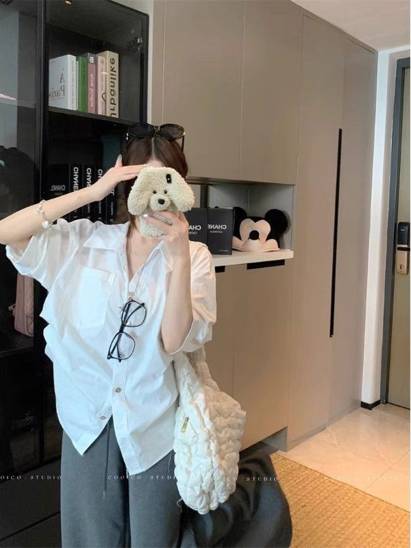 老钱风高级感翻领中袖衬衫女装秋季褶皱收腰宽松百搭白色气质上衣|undefined