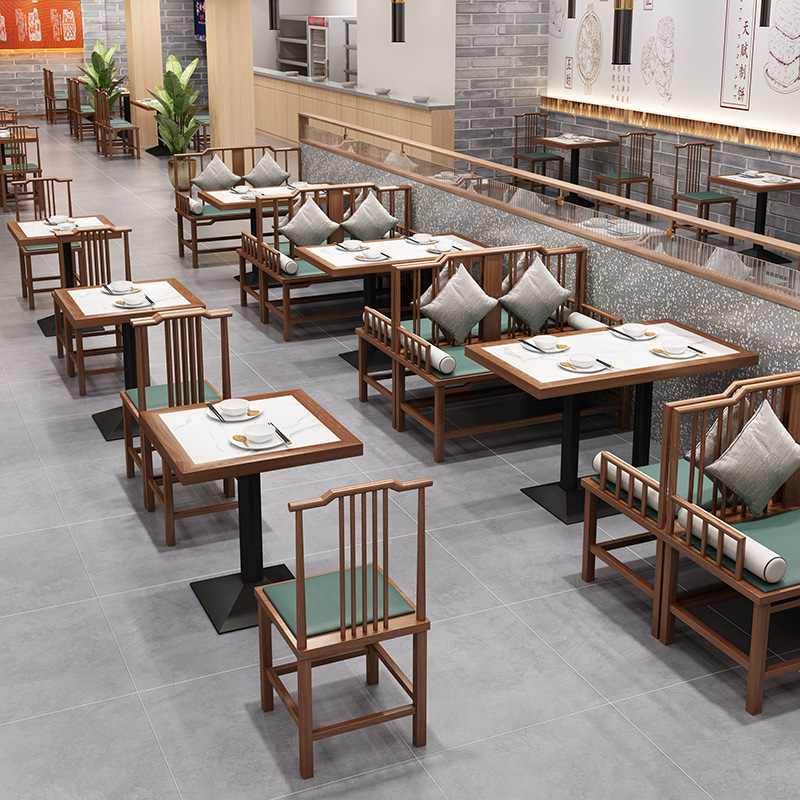 Nuevo restaurante de estilo chino occidental sofá de asiento de ficha contra la pared estilo nacional de estilo Hunan restaurante de cocina de madera maciza cubierta tabla de roca mesa de comedor combinación de silla