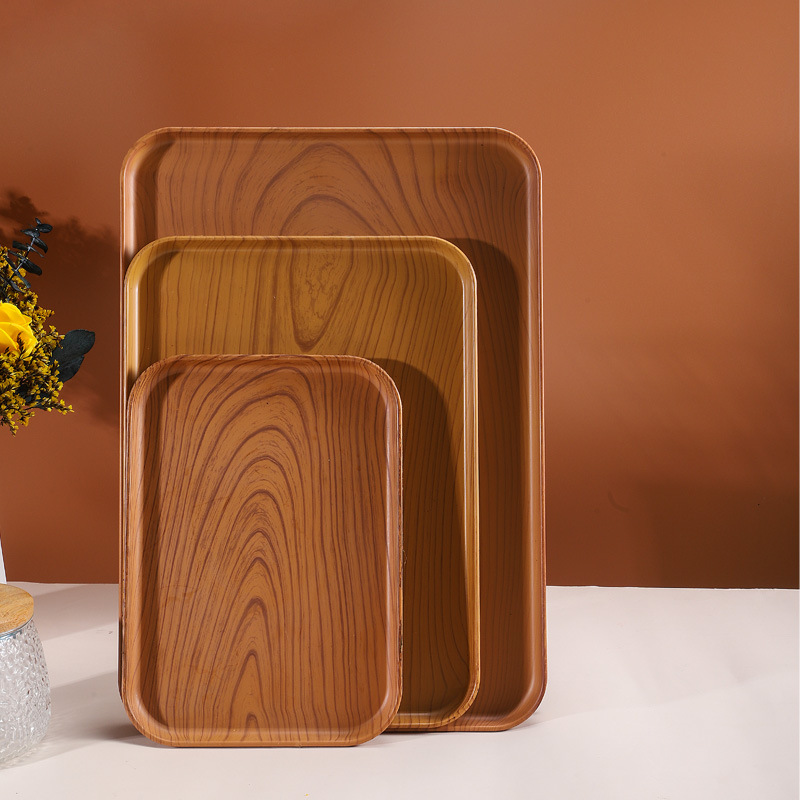 Bandeja de plástico, bandeja de té, rectangular, hogar, sala de estar, plato de almacenamiento de bocadillos de frutas, plato de comedor de grano de madera de imitación al por mayor