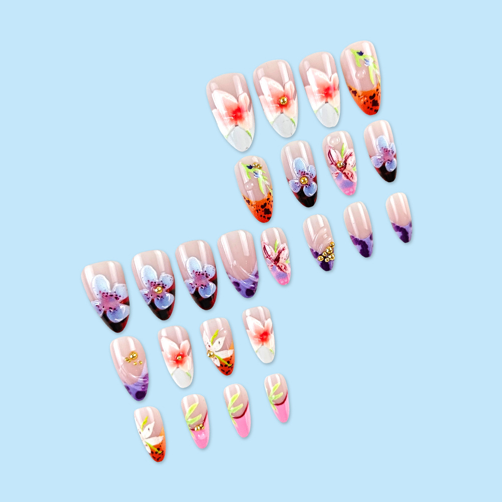 Relieve 3D punto de perforación floral para usar uñas de arte romántico tipo almendra manicure transfronterizo venta caliente 24 piezas de parche de uñas