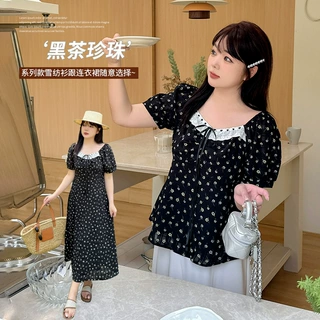法式方领碎花连衣裙夏季新款姐妹装泡泡袖收腰雪纺衫242364