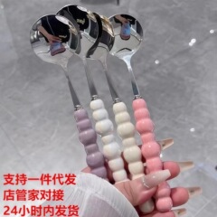 インターネット有名人パールステンレス鋼スプーンプラスチックハンドルスプーンガーリーハート家庭用食事スプーンロングハンドルラウンドスプーン小さなスプーン