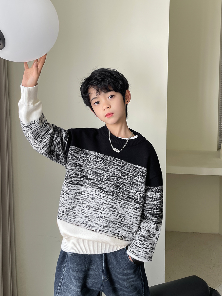 Haima's Boys' Stylish Pullover Sweater with Round Neck, 2025 Winter New Korean Style Children's Winter Clothing Top