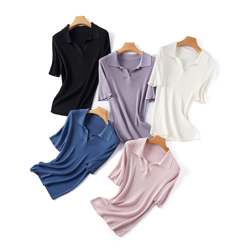 Cool Tencel Knitwear Women's Short-Sleeved Polo Collar Summer 2025 New Outer Threaded Thin Pullover Top