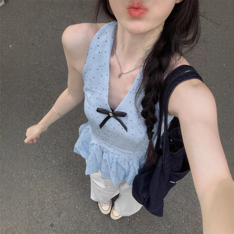 French Sweet Style Bow Polka Dot Halterneck Vest for Women Summer Design Flower Bud Hem Slimming Top