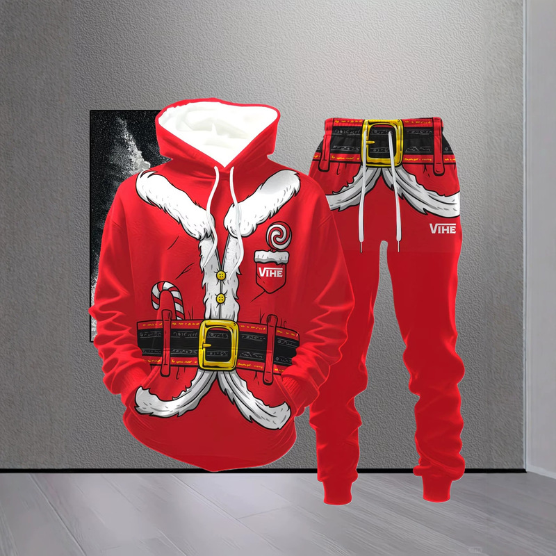 European and American Cross-Border New Christmas 3D Digital Print Men's Hooded Sweatshirt and Sweatpants Hot New Set Factory Sale