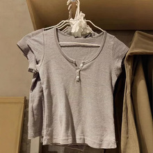 BM风新款美式条纹弹力修身T恤 bm三粒扣短袖套头百搭显瘦上衣女潮