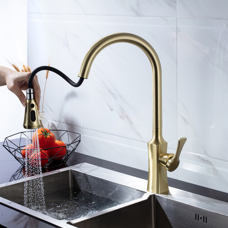 Cross-border kitchen faucet pull-out kitchen basin vegetable basin hot and cold faucet American style brushed gold high rotating 2022