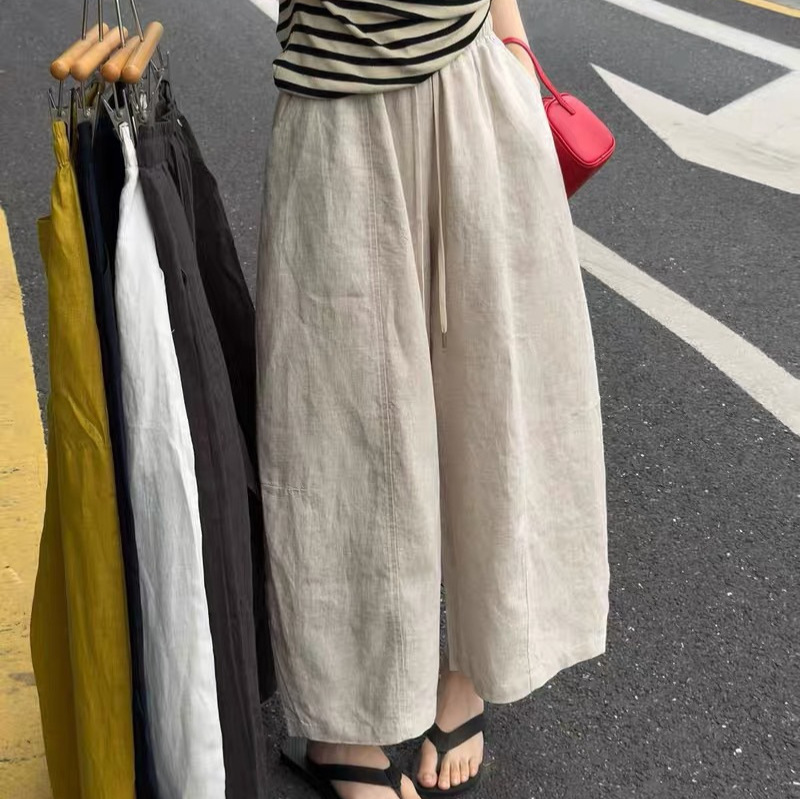 Summer Solid Color 100% Linen Straight Balloon Pants for Women, Elastic Waist, Loose Casual Versatile Breathable Wide-Leg Cropped Pants E10