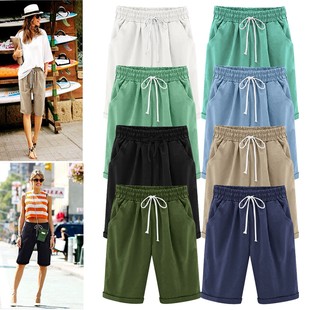 Cross-border Women's Casual Pocket Thin Outer Wear Loose Belt Mid-length Pants Large Size Loose Five-length Pants for Home