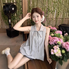 新しい韓国デザインフレンチハイエンドストライプリボンシャツノースリーブトップ学生スリムベスト女性の夏