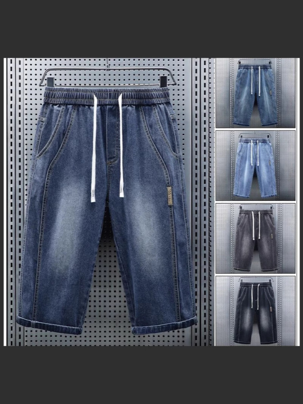 American-Style Denim Cropped Pants for Men, Summer Thin Casual Shorts, Mid-Waist Straight Versatile Mid-Length Pants with Elastic Waist