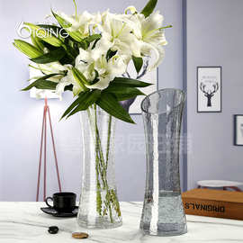 特大号花瓶玻璃透明高40厘米裂纹富贵竹水竹鲜花百合简约冰裂束腰
