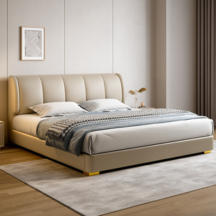 Italian-Style Light Luxury Minimalist Genuine Leather Bed for Home Bedroom 1.68m Storage Cream-Style Soft Package All-Solid Wood Wedding Bed