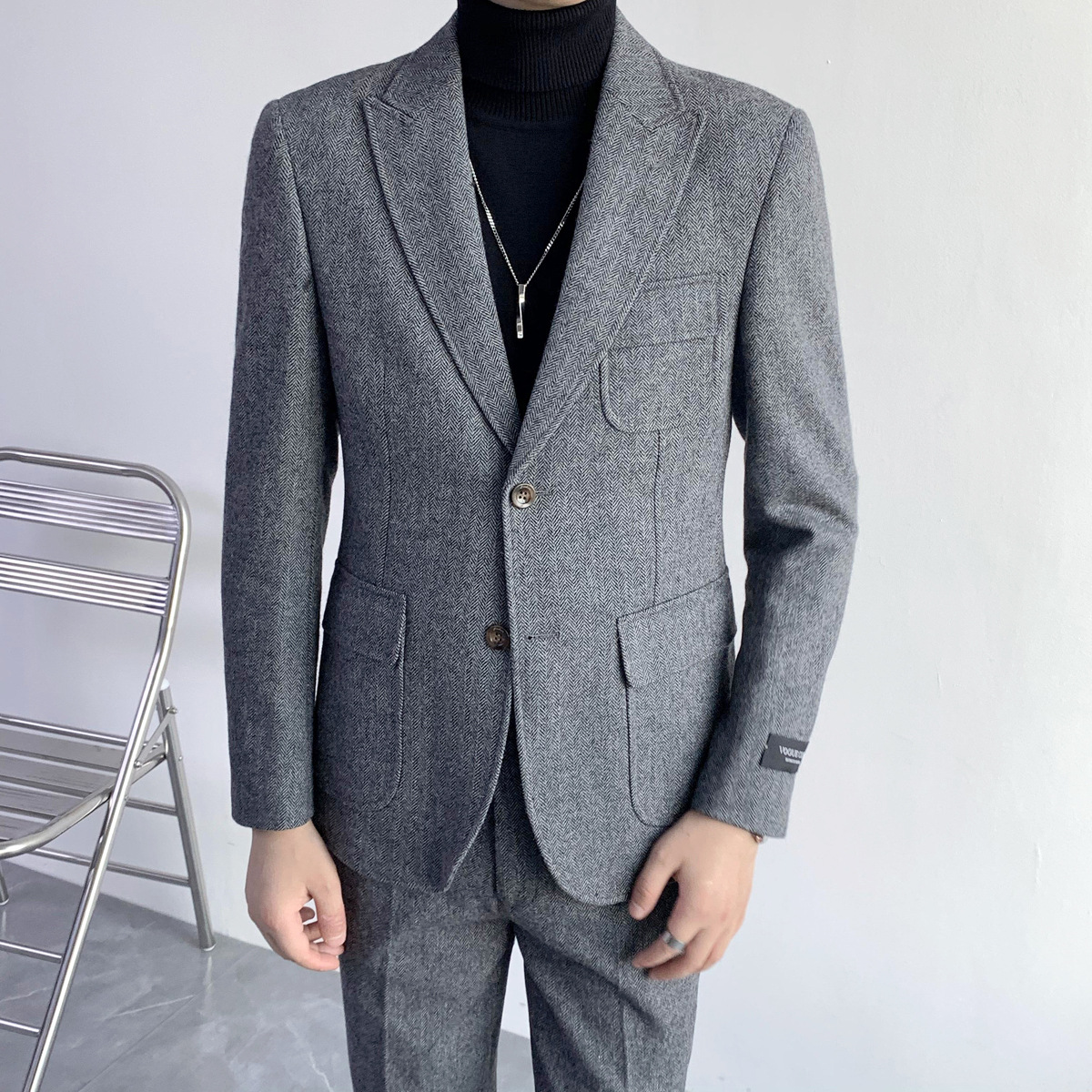 韩版修身男士加厚保暖御寒羊毛人字纹西服套装商务休闲西装两件套|ms