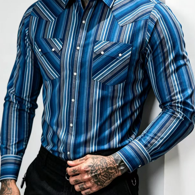 European and American Amazon cross-border men's western striped shirt European and American Amazon cross-border men's western striped shirt