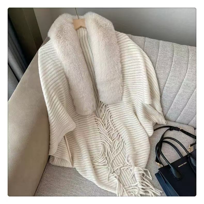 Autumn and Winter New Cape Shawl Hot-Selling Cross-Border Popular Fur Collar Knitted Shawl Large Size Loose Plush Cardigan Jacket