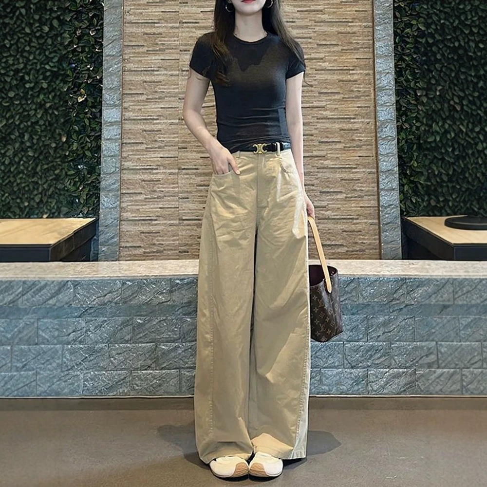 Korean-style, Hong Kong-inspired khaki outfit: new spring/summer collection featuring slim-fit, fashionable, high-waisted, wide-leg casual pants