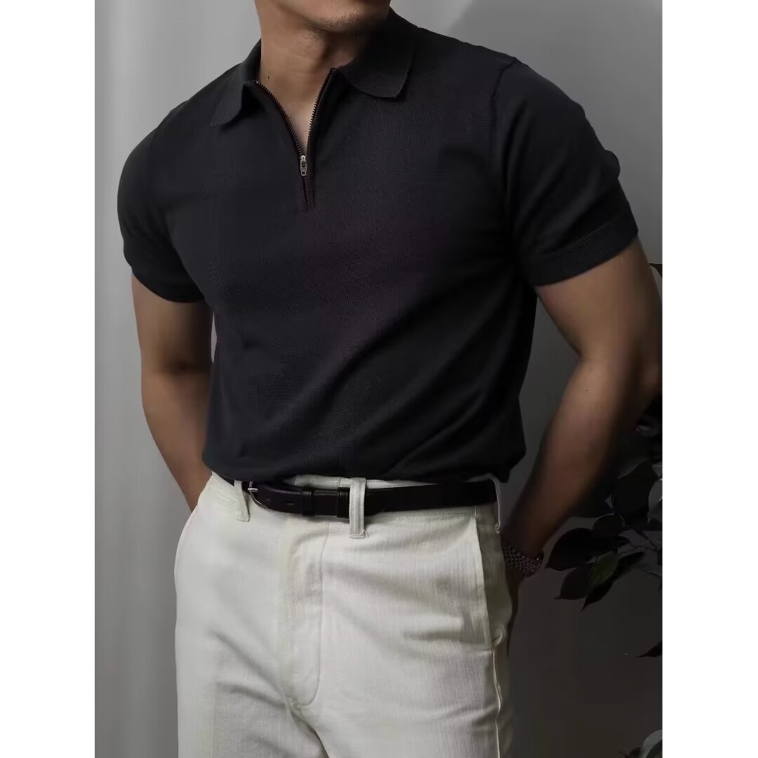 Venta directa de fábrica de camisetas de punto de seda de hielo para hombre, polos de manga corta de lujo de alta gama para hombre con media cremallera