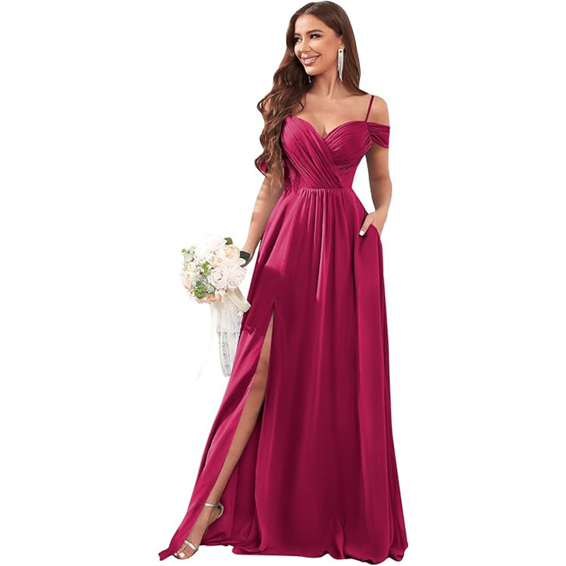 Vestido de noche de un solo hombro sexy europeo y americano, vestido de falda larga de cola de pez de encaje, dama de honor de gasa a nivel de diosa, caída delgada