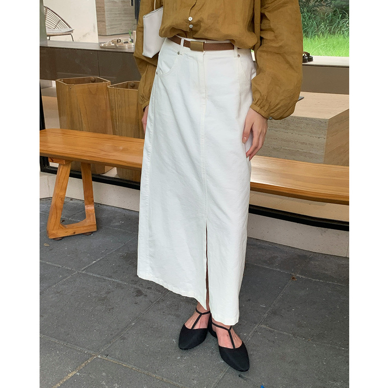 [Autumn Special] Early Autumn Korean Style High Waist Pure Cotton Mid-Length Denim Skirt for Women with Belt 38026
