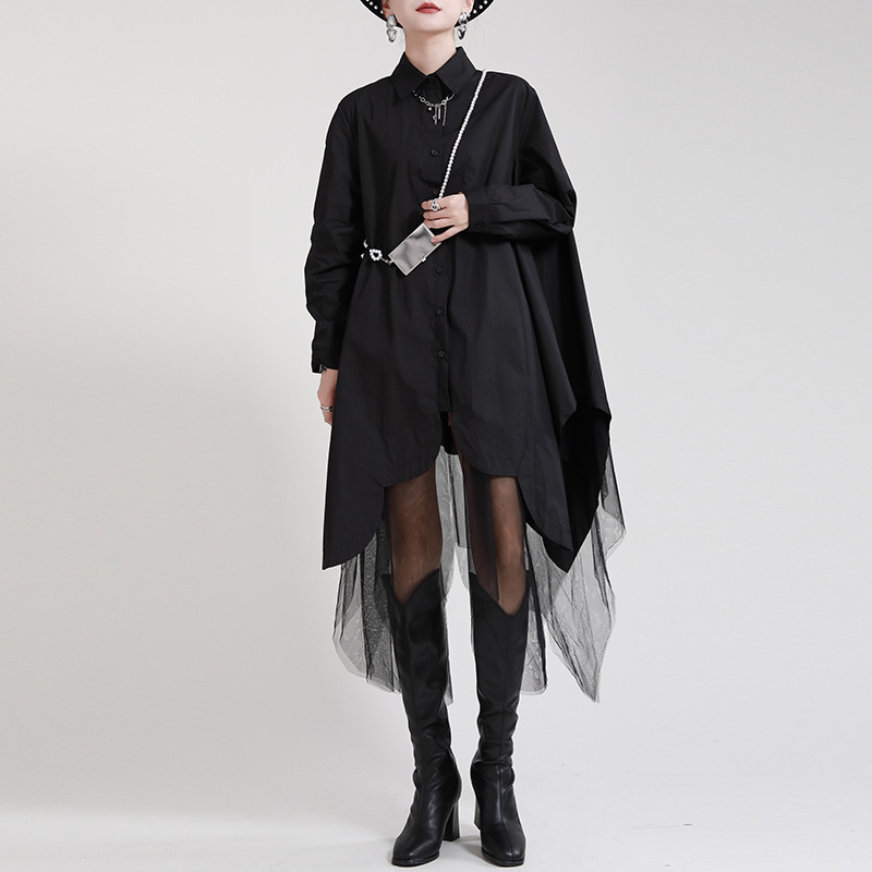 Long Sleeve Early Autumn Elegant dress Design Sense Loose Irregular Large Swing Stitching Mesh Hepburn Style Small Black Dress Long Sleeve Early Autumn Elegant dress Design Sense Loose Irregular Large Swing Stitching Mesh Hepburn Style Small Black Dress