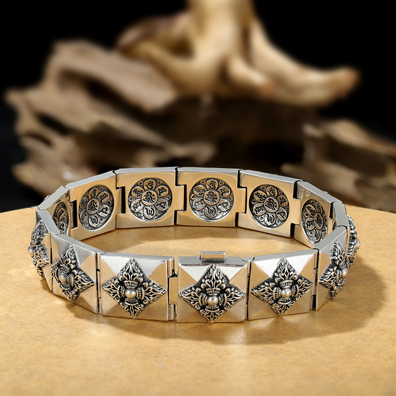 Six-character mantra national fashion pestle Korean style watch bracelet sterling silver men's fashion Men's personality simple 1.5cm wide