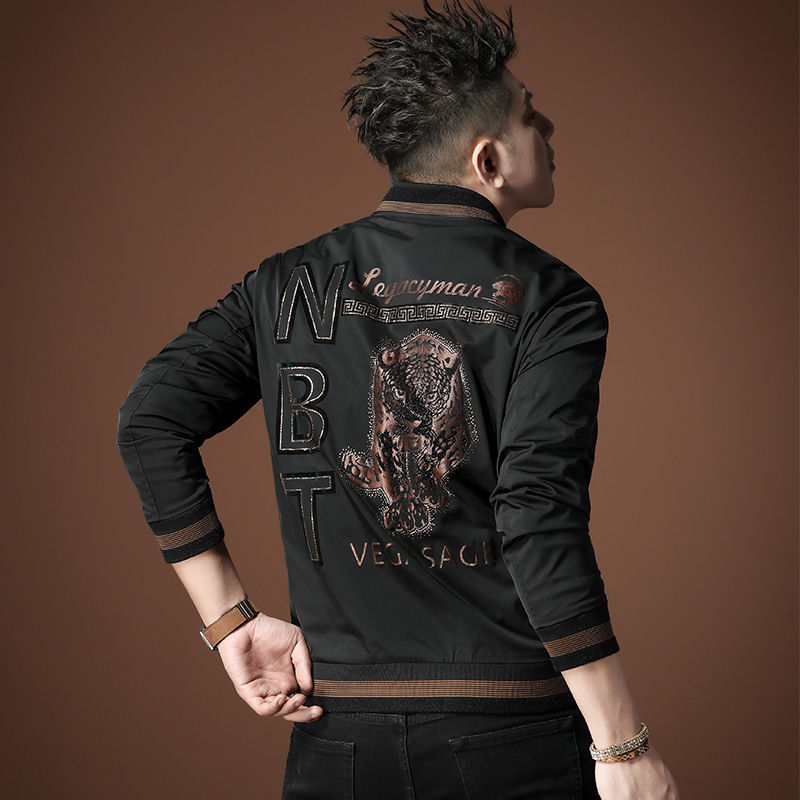 High-end European Fashion Brand Men's Jacket Autumn and Winter New Fashionable Handsome Casual Baseball Collar Burned Flower Hot Diamond Jacket for Men