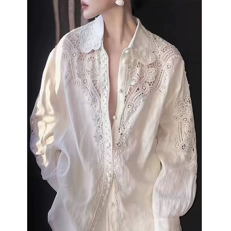 Light Luxury Women's Designer Style Cut Out White Shirt Spring and Summer New French Heavy Embroider Shirt 2025