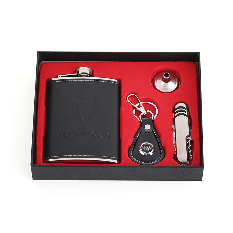 跨境不锈钢酒壶贴皮高档酒壶礼盒 加厚酒壶不锈钢便携贴皮小酒壶